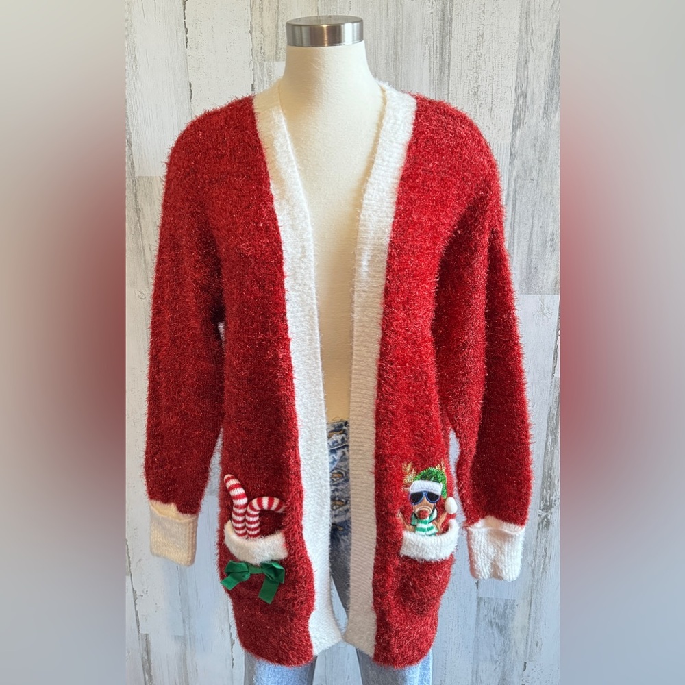 Festive Red Shimmer Christmas Cardigan Kitschy Whimsical reindeer candy canes